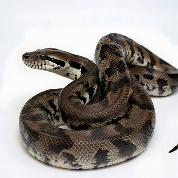 Burmese python displays impressive coiled posture isolated on white
