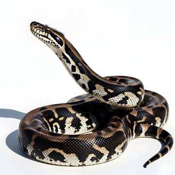 Burmese python displays impressive coiled posture isolated on white