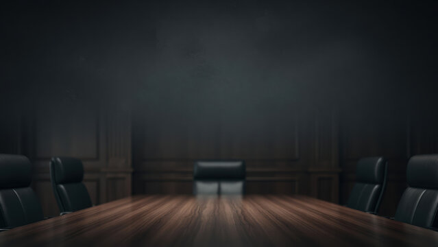 Executive chair empty boardroom wooden conference table dark office leadership concept corporate interior business meeting modern furniture workplace silence professional space Executive chair