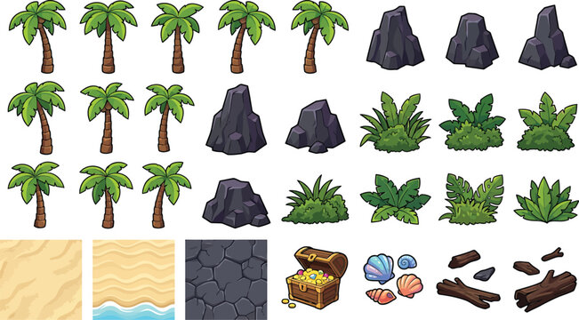 Tropical island game assets set with palm trees rocks bushes sand textures treasure chest and shells for mobile games