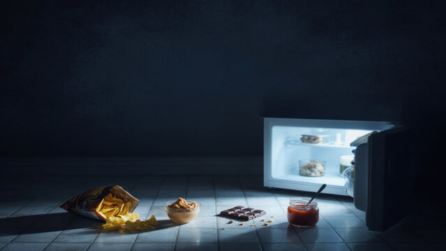 Late night snack junk food concept open mini fridge tile floor chips dip chocolate jam dramatic light dark kitchen mood