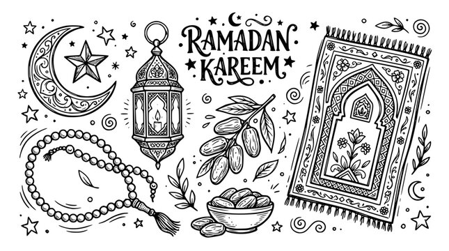 Hand drawn ramadan kareem elements crescent star lantern dates prayer mat tasbih, black ink sketch vector illustration