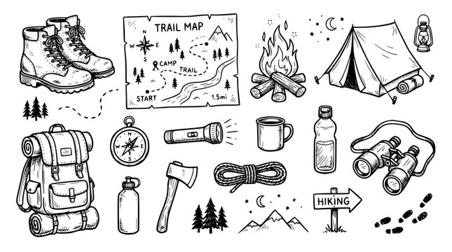 Hand drawn camping hiking elements boot trail map fire tent binoculars, black ink sketch vector illustration

