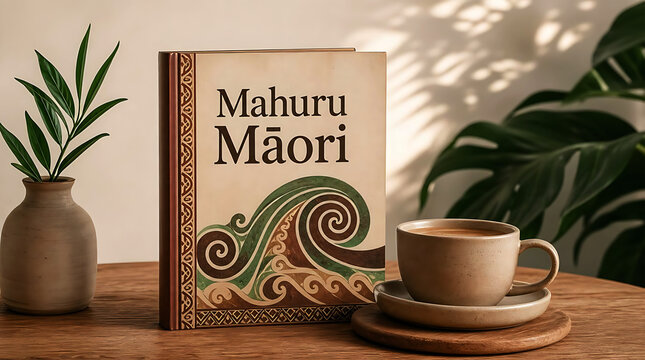 Maori Patterned Book With Coffee Cup And Plant On Wooden Table
