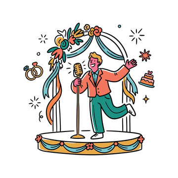 Hand-drawn doodle illustration of a male wedding singer or host performing with a vintage microphone on a decorated circular stage under a floral arch with ribbons and icons.