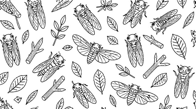 Detailed black and white cicada and leaf illustration pattern.