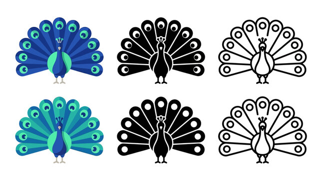 Six peacocks in different styles and colors standing alone on white background