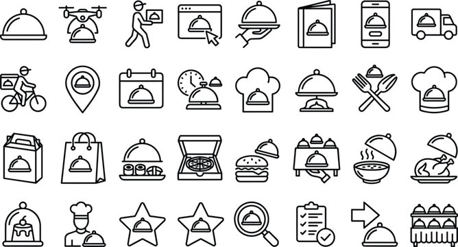 Online food delivery service vector line icon set featuring restaurant order tracking mobile app courier on bicycle drone shipping pizza box and catering symbols