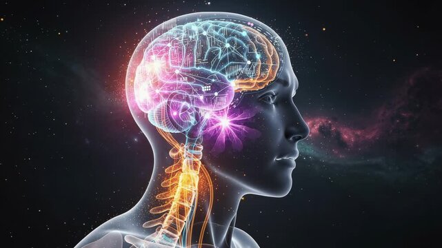 Futuristic glowing human brain and spinal cord animation with neural network visualization in sci fi style