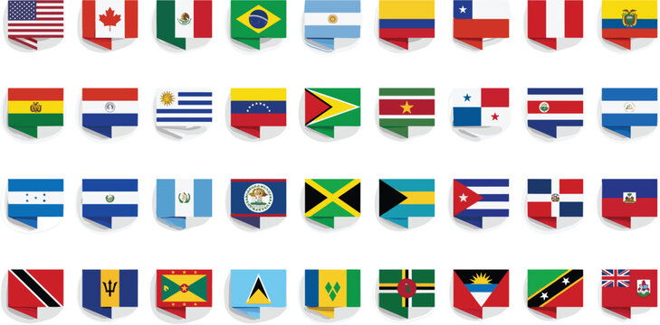 North and South American countries flags vector icon set featuring folded paper ribbon badges of USA Canada Brazil Argentina Colombia Chile Mexico and Caribbean nations