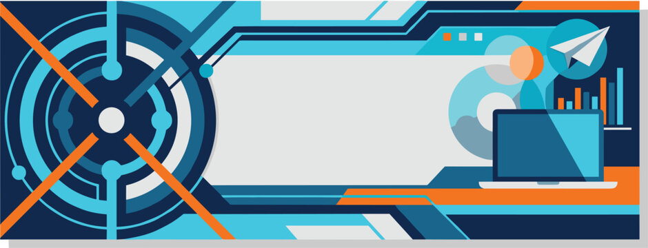Futuristic digital technology horizontal banner background template with abstract hud target interface laptop computer business analytics growth charts and copy space