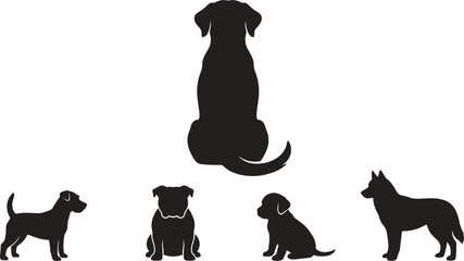 Dog breeds silhouette vector icon set featuring large labrador retriever back view puppy shapes sitting pug husky and terrier black contours © Rakib