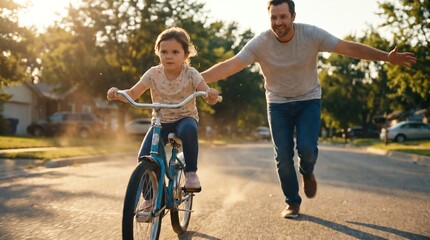 Obraz premium Father running beside daughter riding bicycle