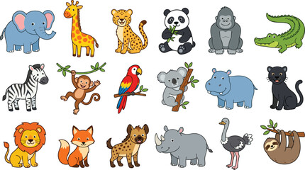 Fototapeta premium Cute wild animals vector cartoon icon set featuring elephant giraffe leopard panda gorilla crocodile zebra monkey parrot koala hippo panther lion fox hyena rhinoceros ostrich and sloth symbols
