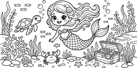 Naklejka premium Cute little mermaid underwater coloring page vector line art illustration featuring cartoon sea turtle crab treasure chest and coral reef scenery