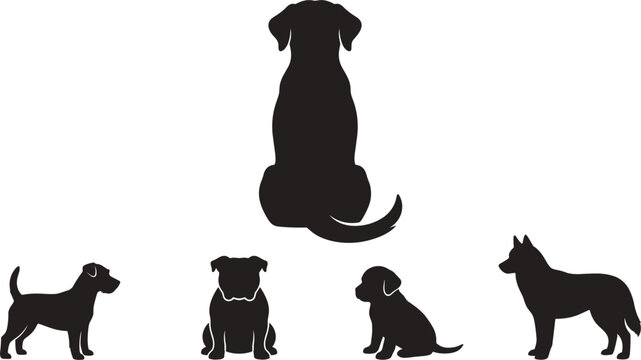 Dog breeds silhouette vector icon set featuring large labrador retriever back view puppy shapes sitting pug husky and terrier black contours