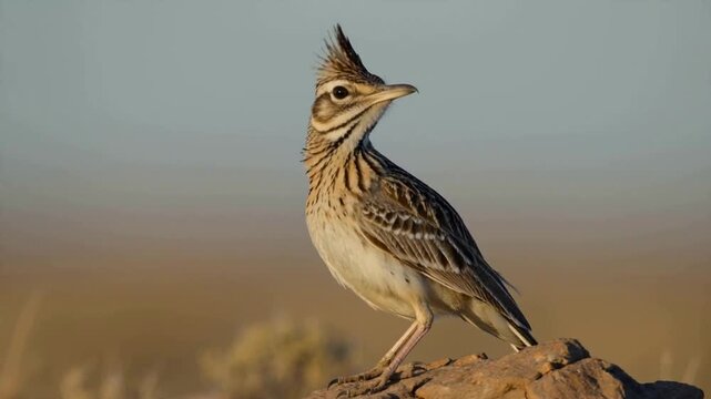 Alert Lark Bird with Crest on Rock in Dry Landscape