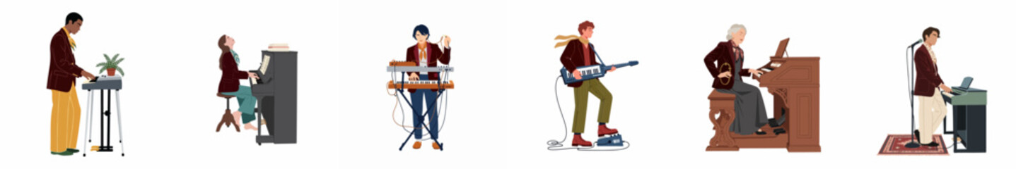 Collection of diverse musicians playing various keyboard instruments including piano, synthesizer, organ, and keytar in flat vector illustration style. © Maya