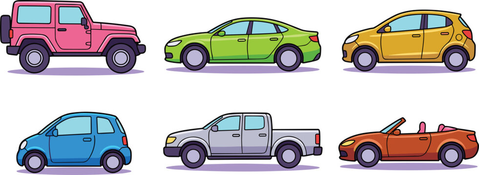 Car body types vector cartoon illustration set featuring side view of pickup truck sedan hatchback suv jeep and convertible vehicle models