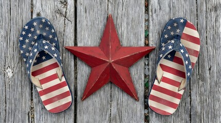 Obraz premium Patriotic summer still life american flag flip flops and red star on weathered wood planks