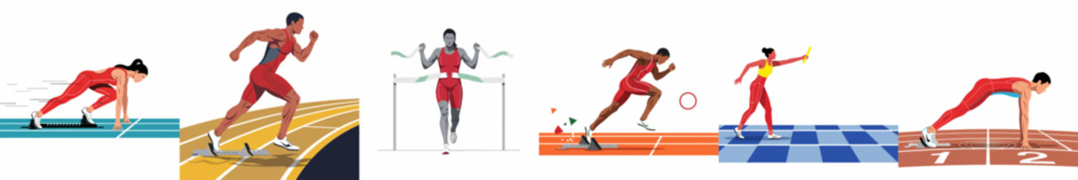 Comprehensive collection of male and female track athletes in various sprinting, starting, and relay race positions on colorful running tracks.