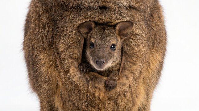 Cute baby wallaby joey peeking from pouch, soft studio light, pure white seamless backdrop