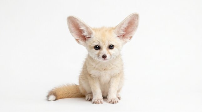 Tiny baby fennec fox with large ears sitting, adorable expression, white isolated background