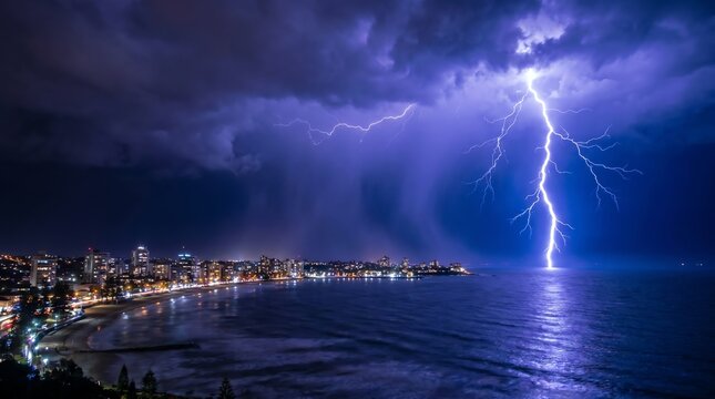 Lightning bolt over coastal city skyline at night