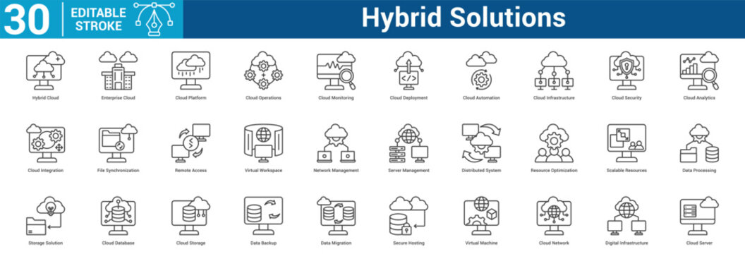Hybrid Solutions icon set collection business with icon of Hybrid Cloud, Enterprise Cloud, Cloud Platform, Cloud Operations, Cloud Monitoring, Cloud Deployment, Cloud Automation, Cloud Infrastruc.