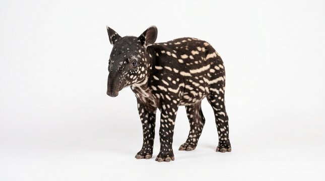 Baby tapir calf with distinctive markings, standing curiously, pure white seamless backdrop