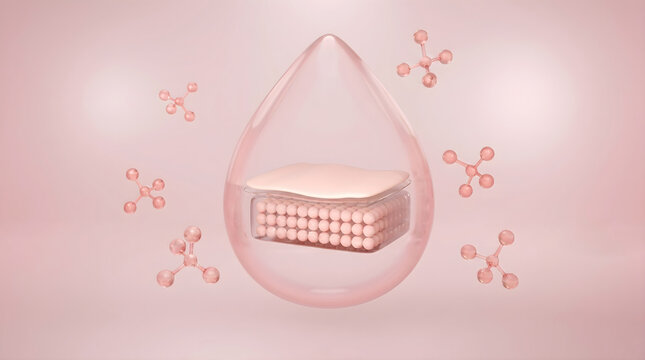 Large translucent moisture drop contains a structural skin block with surrounding active molecules. 3D rendering.