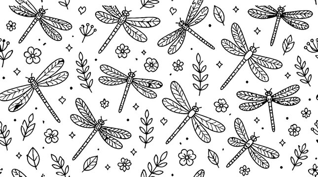 Intricate dragonfly and floral pattern illustration.