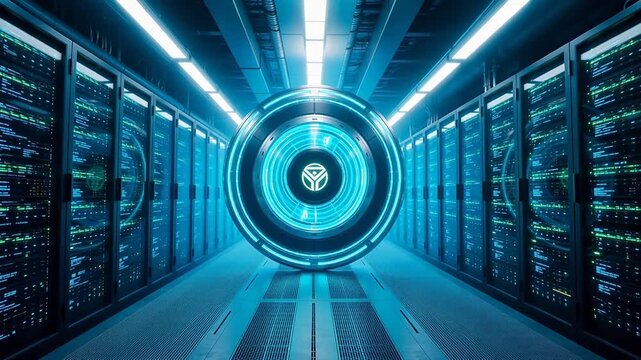 server room with glowing circular portal