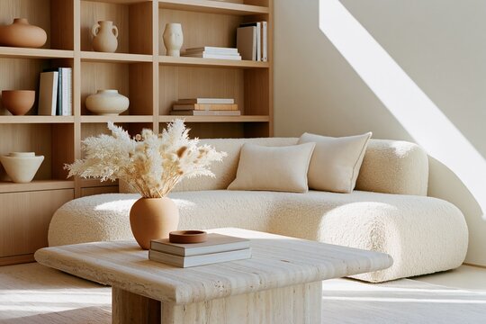 Quiet luxury living room featuring a plush sofa, built-in bleached oak shelves, decorative vases, and a wooden coffee table with books and a floral arrangement