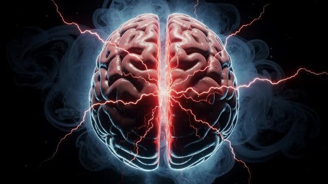 Glowing human brain with electric energy surrounded by swirling mist futuristic neural activity visualization