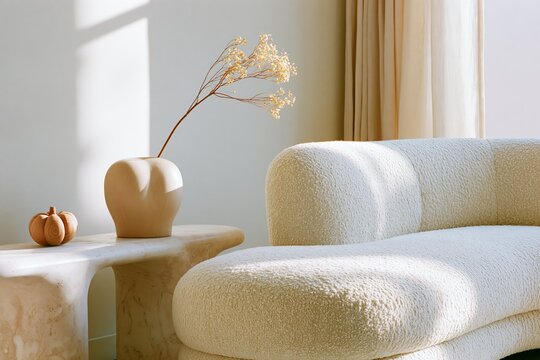 Quiet luxury living room featuring a pale stone grey curved sofa, minimalist decor, and a sculptural vase with dried flowers on a unique coffee table