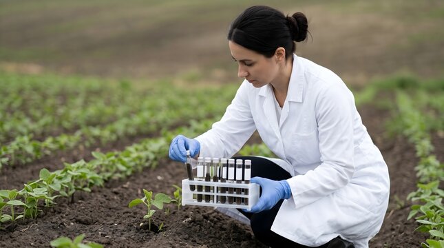 Professional female scientist holding soil test tubes in a green plantation field for an organic ecology background concept