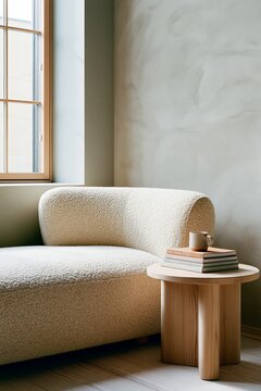 Curved cream boucle sofa positioned beside a wooden side table with stacked books and a coffee cup in a minimalist living room with natural light