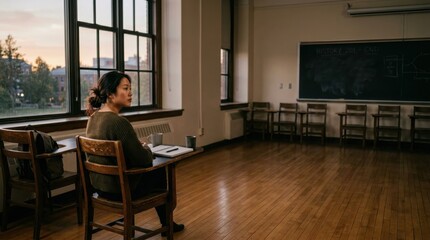 Fototapeta premium Thoughtful young Asian woman sitting at a wooden desk in an empty classroom, looking out a large window with soft evening light