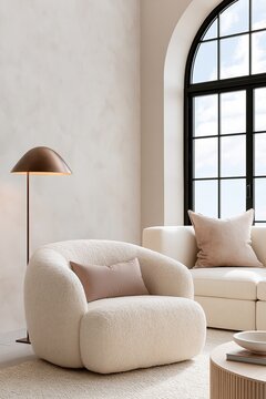 Soft taupe and ivory luxury living room featuring a plush armchair, modern sofa, and stylish floor lamp beside large windows with black frames