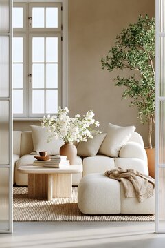 Modern living room interior featuring a cozy white sectional sofa, wooden coffee table, decorative plant, and soft textiles viewed through a softly blurred reeded glass partition