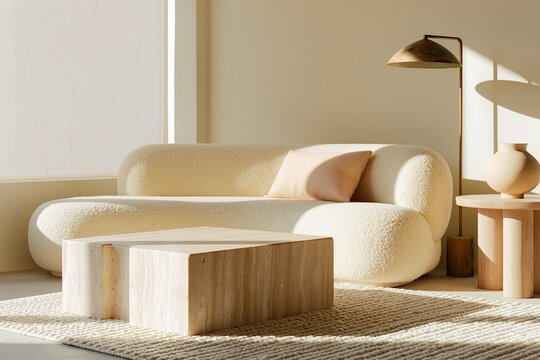 Modern quiet luxury living room featuring a textured cream sofa, wooden coffee table, and stylish floor lamp in a bright, minimalist space