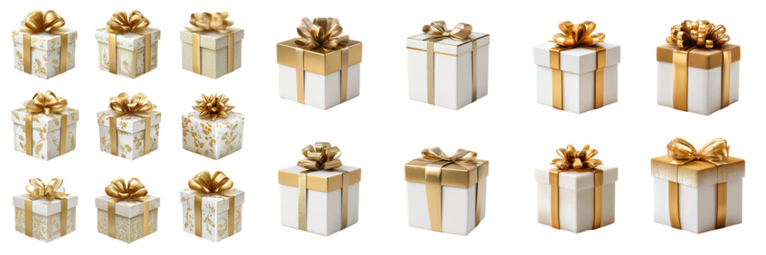 Set of White present box with metallic gold ribbon and decorative bow on transparent png background. Ai generated