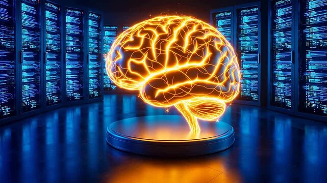 Glowing brain in server room