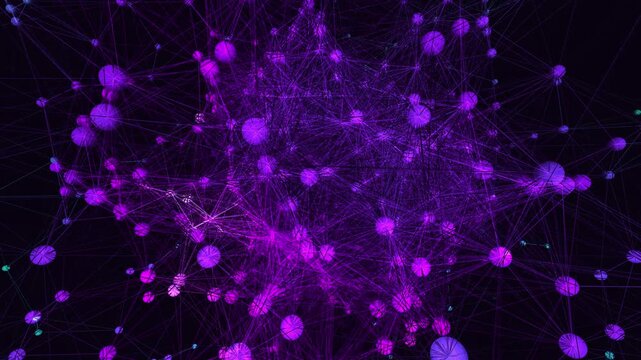 A mesmerizing seamless 4K loop of a glowing teal neural network of sphere nodes firing and connecting in a seamless plexus in crisp volumetric detail. Ideal for website background, AI background.