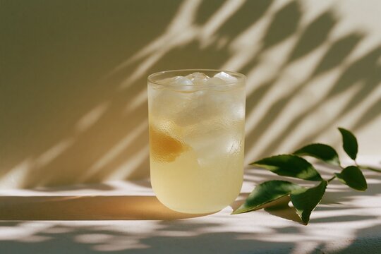 Glass of lemonade with ice cubes and lemon slice, heavy condensation visible, placed on a surface with soft shadows and green leaves in the background