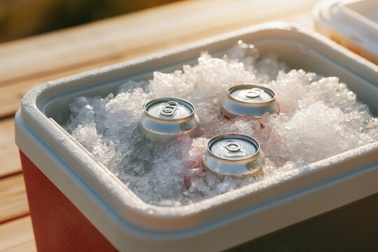 Cooler filled with melting ice and several aluminum cans resting on a wooden surface in a natural outdoor setting during daylight