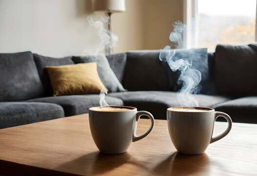 Two steaming coffee cups on wooden table in living room