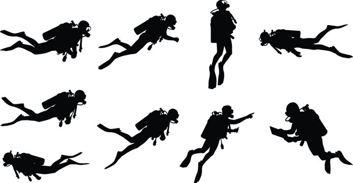 Scuba Diver Silhouette Collection with Underwater Exploration and Diving Activities