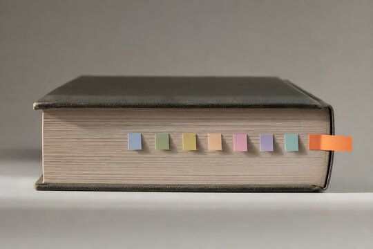 Marks added without changing the text, paper tabs and sticky flags clipped along the fixed pages of a book
